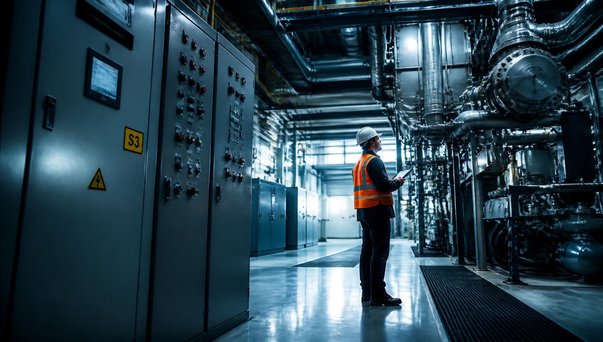 Ingeniero inspeccionando una instalación electromecánica dentro de una planta industrial