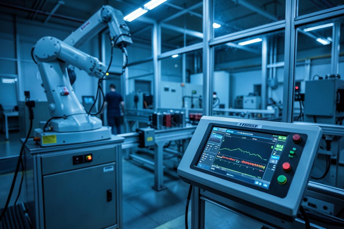 Panel HMI y brazo robótico en una línea de producción automatizada