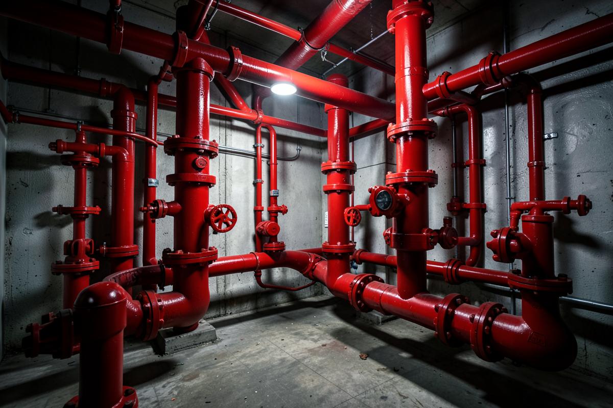 Tubería roja de sistema contra incendio en un cuarto de bombas