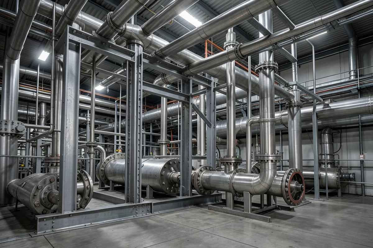Estructura metálica y tubería hidráulica de gran diámetro en planta industrial