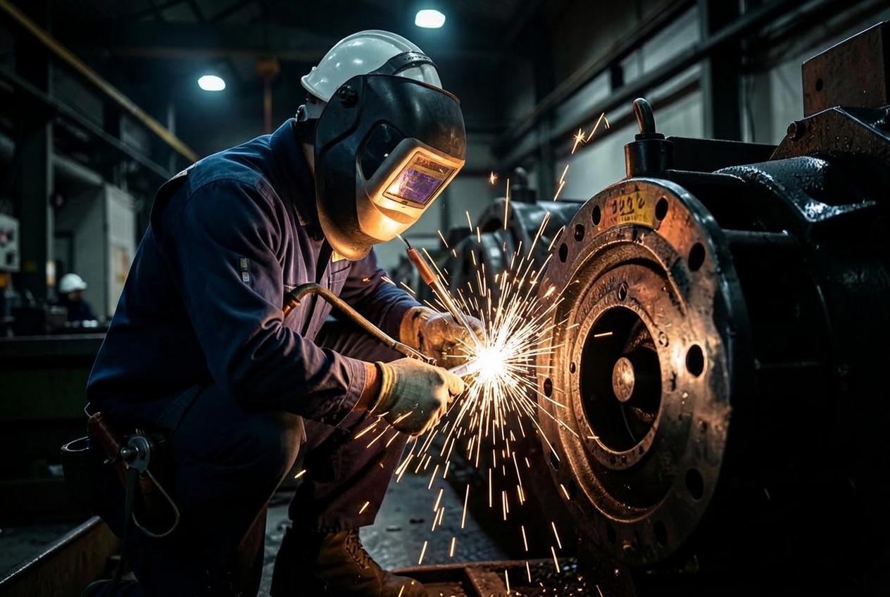 Técnico realizando mantenimiento a maquinaria industrial pesada