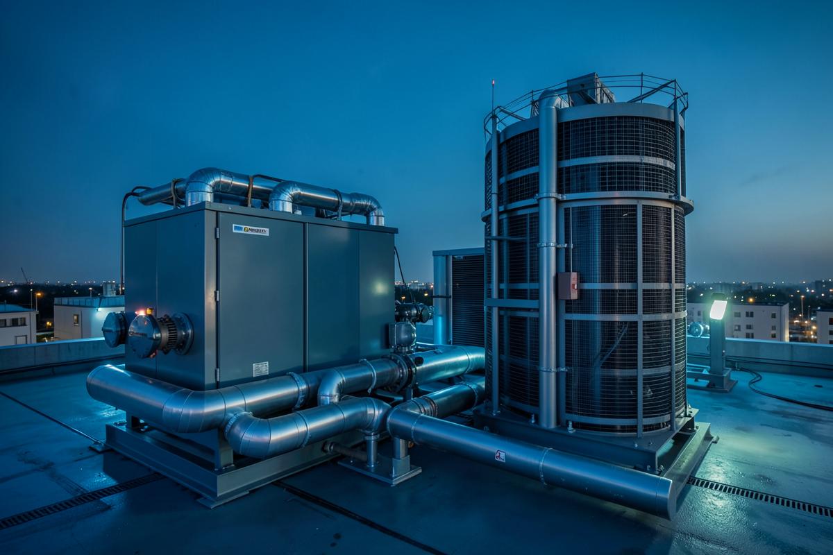 Chiller industrial y torre de enfriamiento en azotea de planta